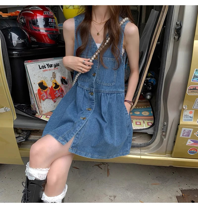 Cute kawaii denim mini dress, sleeveless spring/autumn fashion for girls