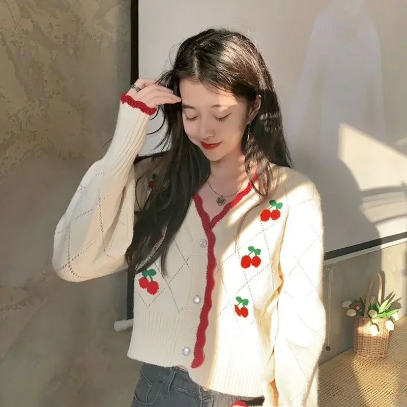 Women’s V-Neck Cherry Knit Cardigan – Long Sleeve Spring & Autumn Sweater