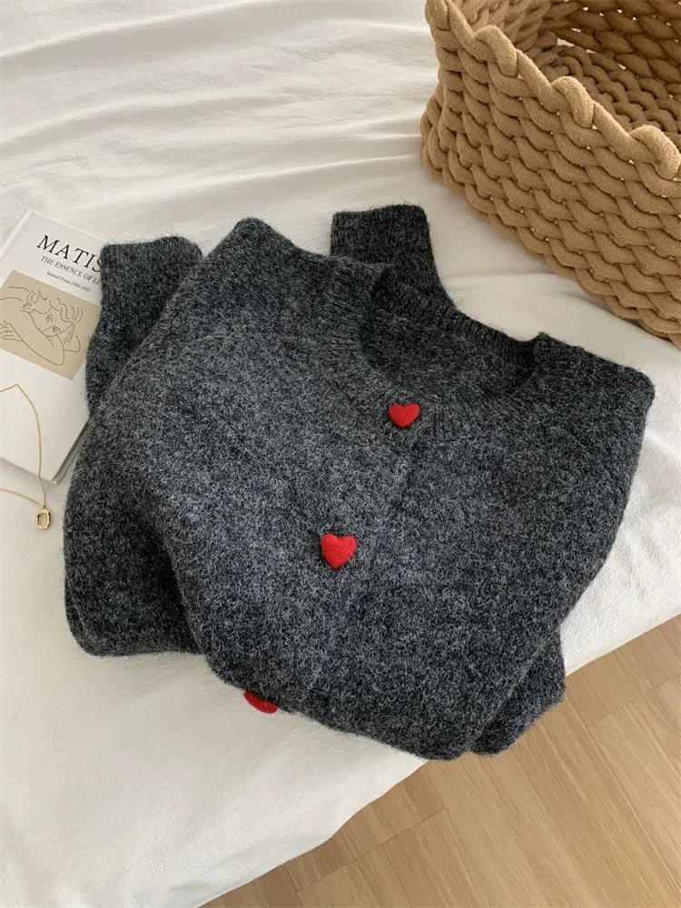 Kawaii Wool Knitted Heart Cardigan for Women – Soft Cozy Button-Up Sweater