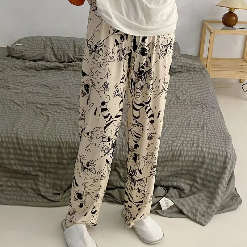 Front view of women’s Cartoon Moe Cat Big Battle pajama pants, kawaii anime print