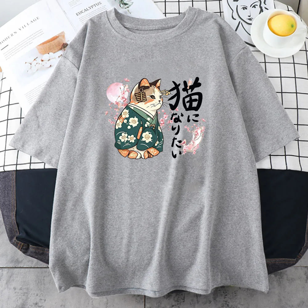 Ukiyo-e Kanji Cat T-Shirt – Sakura Pink | Japanese Style Cotton Tee for Girls (XS–XXL)