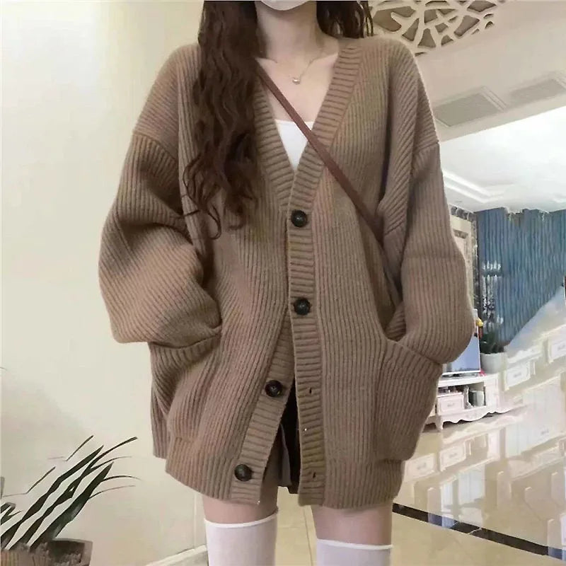 Japanese Style V-Neck Cardigan Sweater | Lazy Fit Knit Top for School Uniform Cosplay