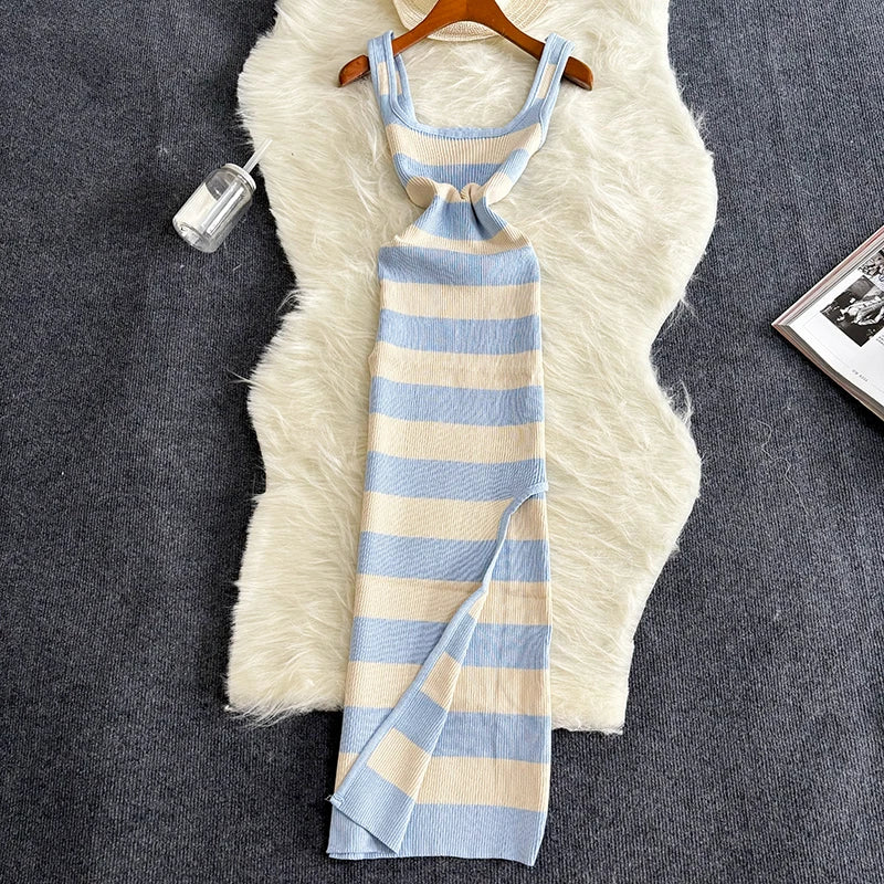 Stripe Summer Elastic Split Bodycon Dress – Sexy & Casual Beach Vacation Sundress for Women