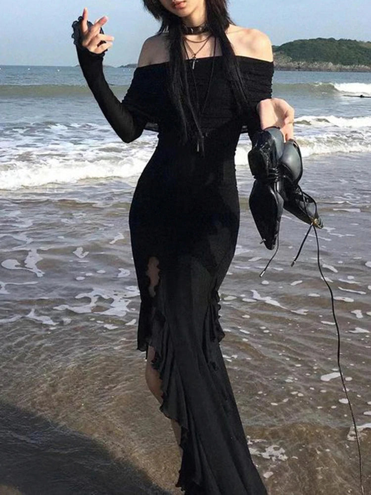 Midnight Siren Gothic Dress – Off-Shoulder Ruffle Slit Maxi