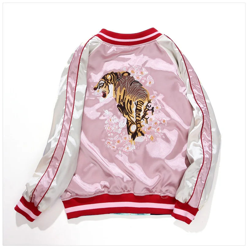 Double-Sided Satin Sukajan Bomber Jacket for Women – Pink & Light Blue Embroidered Baseball Coat