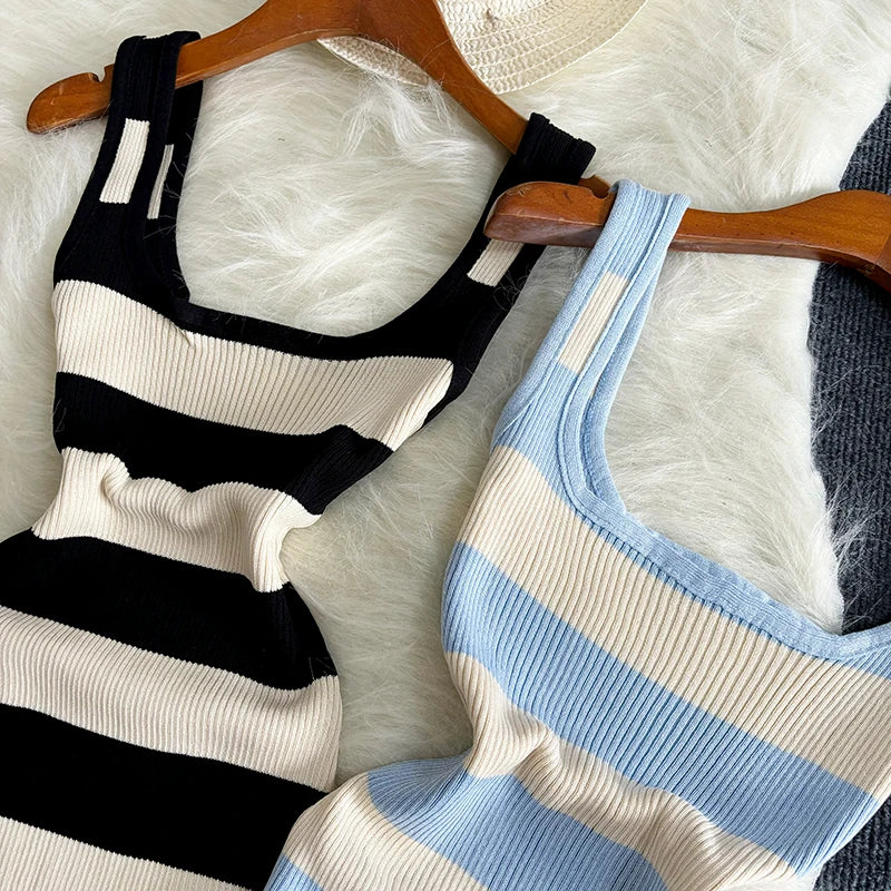 Stripe Summer Elastic Split Bodycon Dress – Sexy & Casual Beach Vacation Sundress for Women