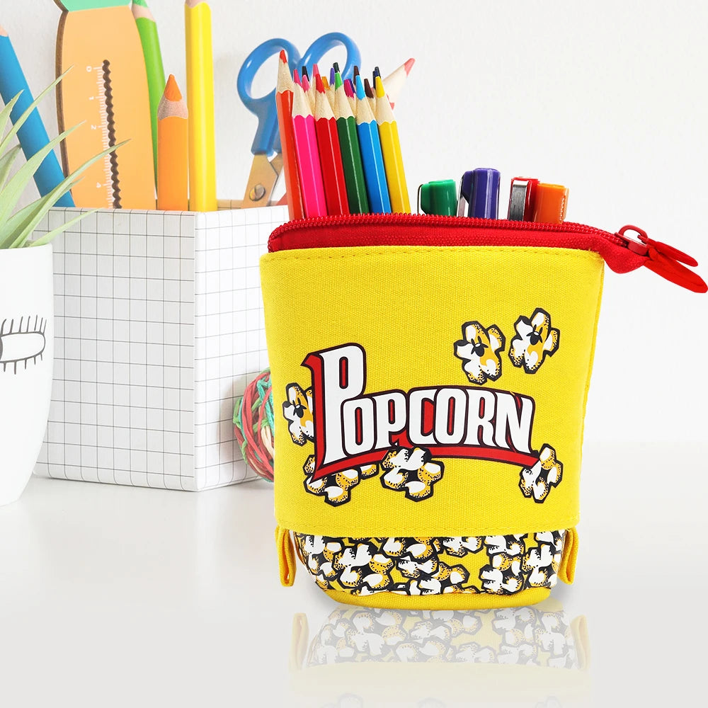 Kawaii standing telescopic pencil case in pastel colors, cute and spacious design, portable and perfect for school or office supplies.