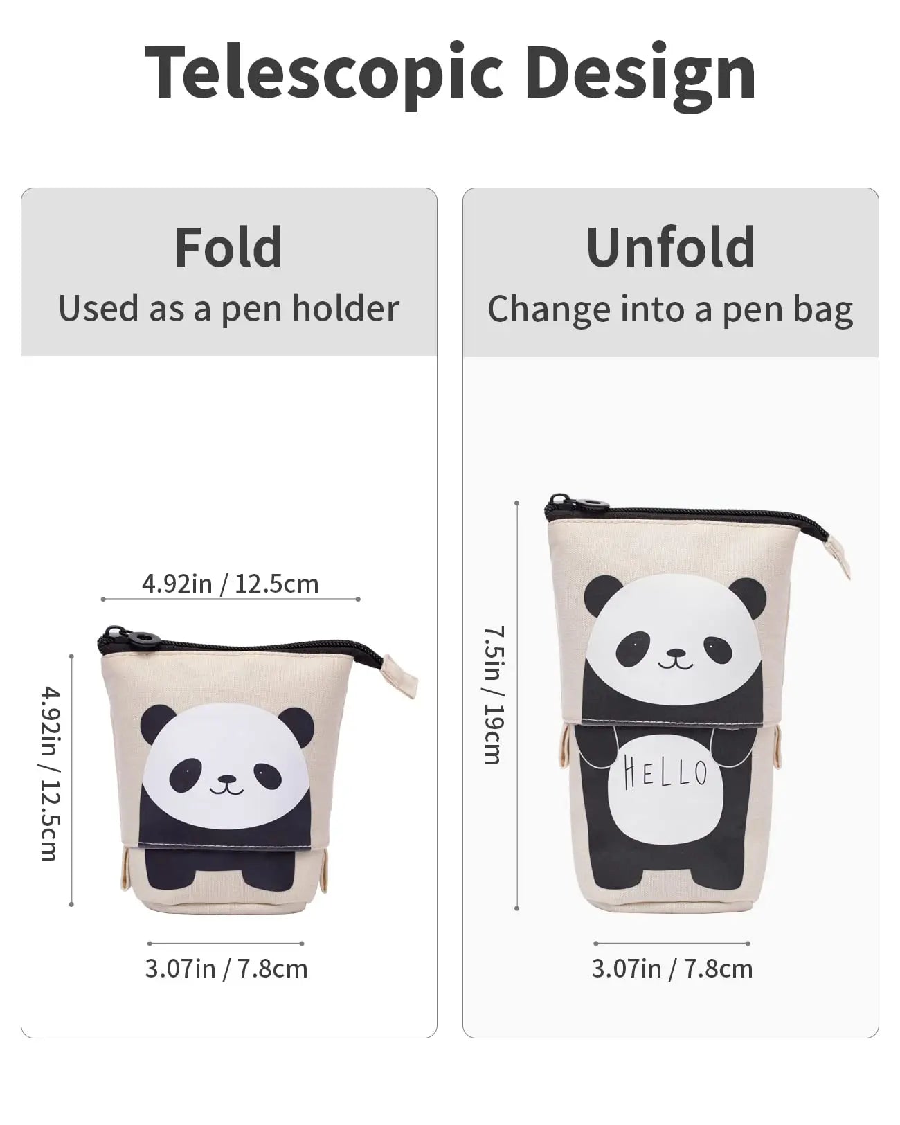 Kawaii standing telescopic pencil case in pastel colors, cute and spacious design, portable and perfect for school or office supplies.