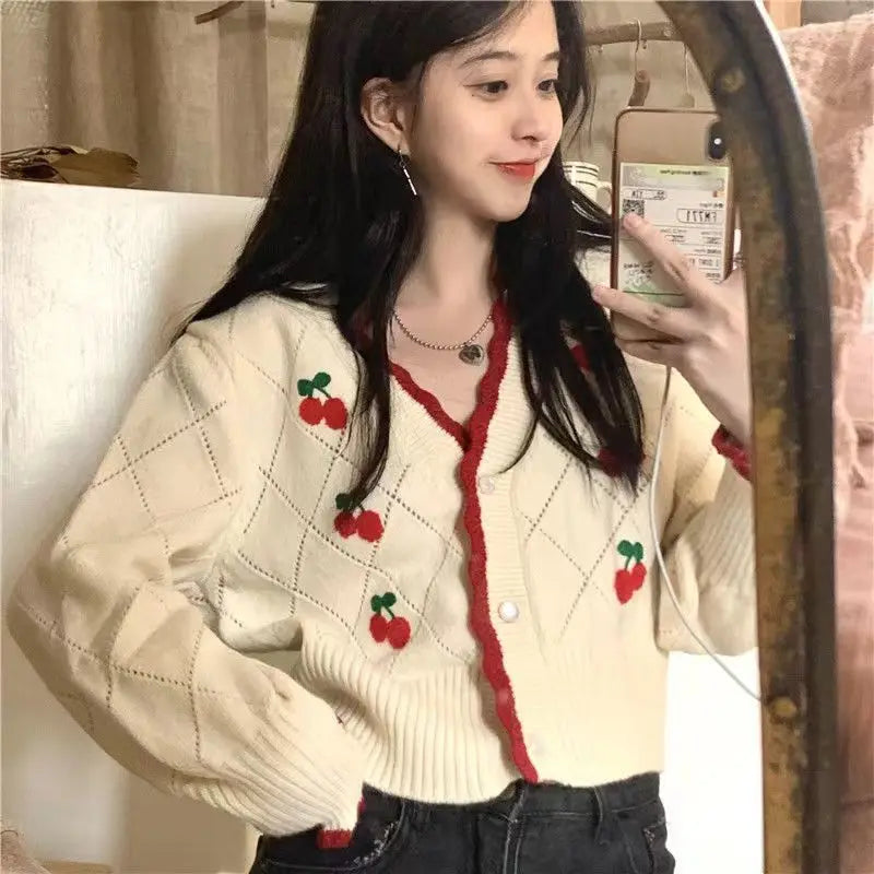 Women's cherry knit cardigan front view