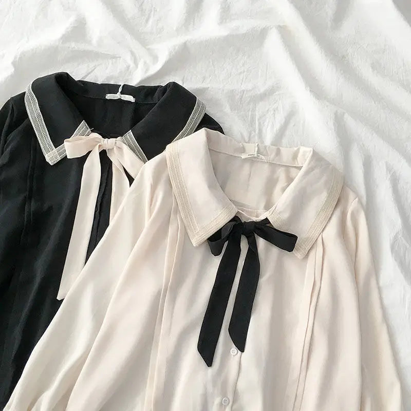 Japanese collared bow blouse for women with ribbon tie center neck