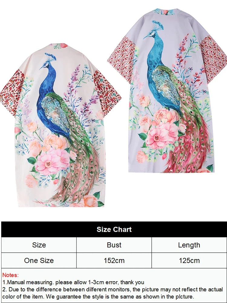 Peacock Print Kimono Cover-Up – Women’s Long Beach Cardigan for Swimsuits