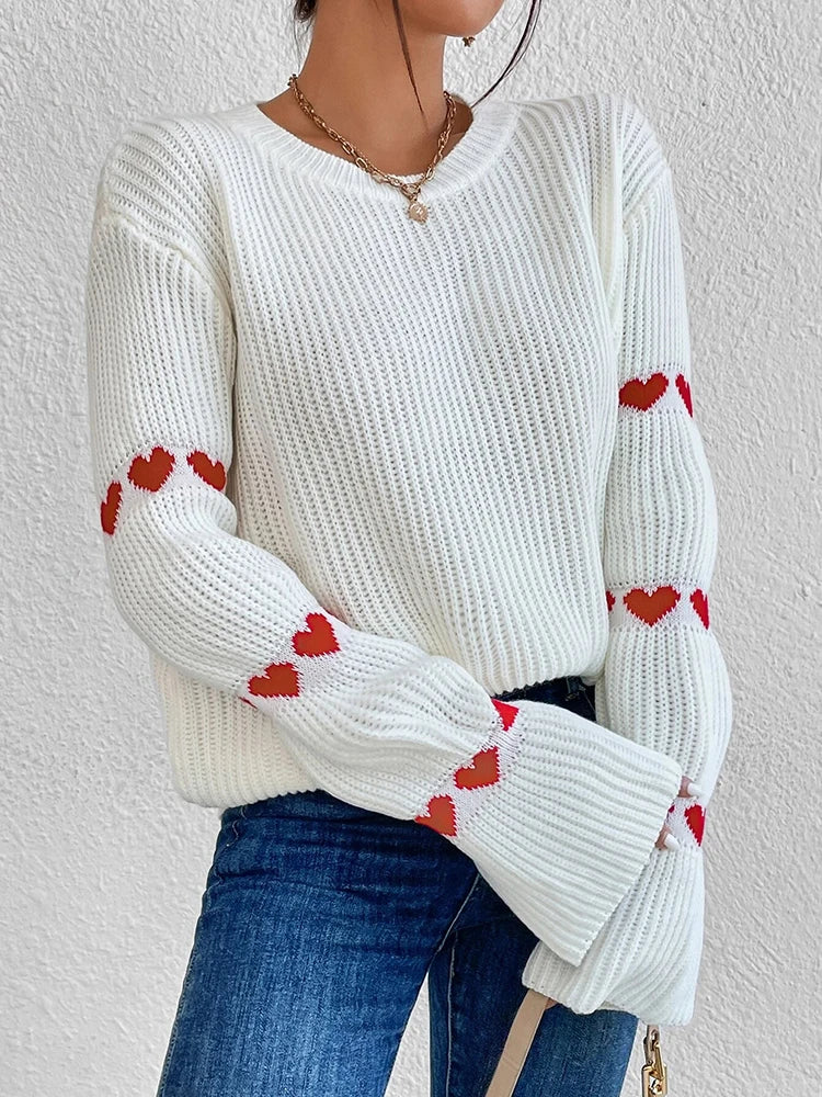 Women’s white knitted sweater with red heart sleeves, round neck solid color pullover, elegant long sleeve knit top