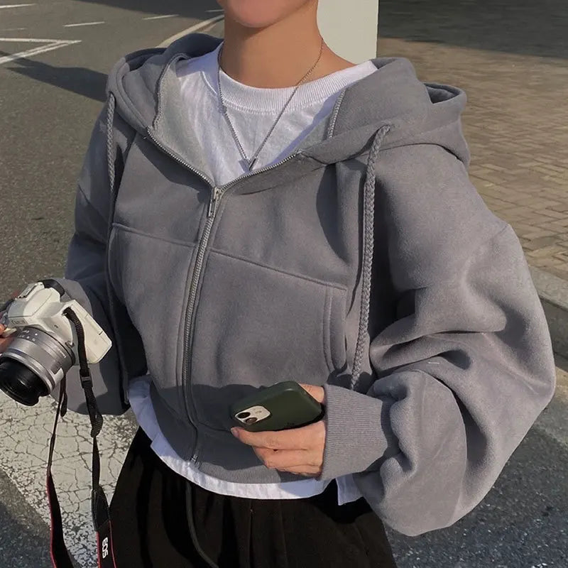 Casual Women’s Y2K Hoodie – Oversized Zip-Up Crop Sweatshirt | Harajuku Long Sleeve Loose Jacket