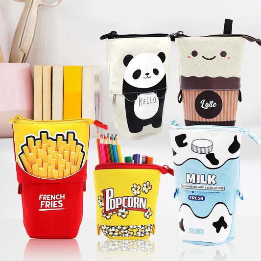 Kawaii standing telescopic pencil case in pastel colors, cute and spacious design, portable and perfect for school or office supplies.