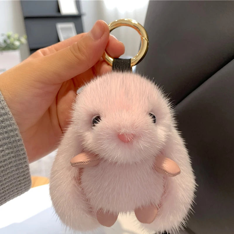 Fluffy rabbit fur pompon bunny keychain