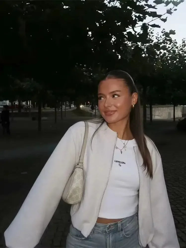 Women’s Retro Bomber Jacket – Soft Zipper Coat with Elastic Hem | Autumn Winter Long Sleeve Fashion Jacket