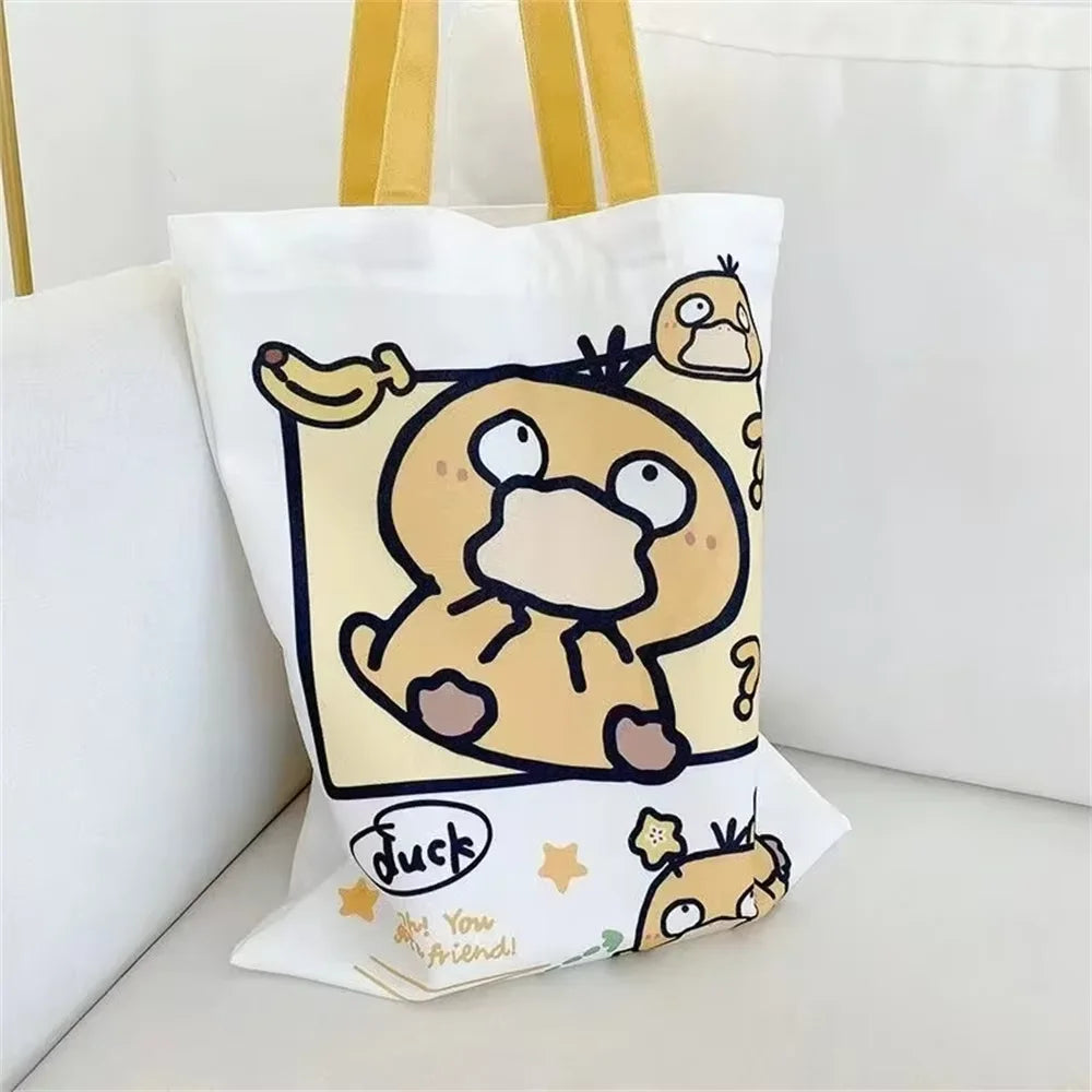 Anime Pokémon Canvas Tote Bag – Pikachu, Psyduck & Squirtle | Cute Casual Shoulder Handbag for Women, Reusable Shopping Bag