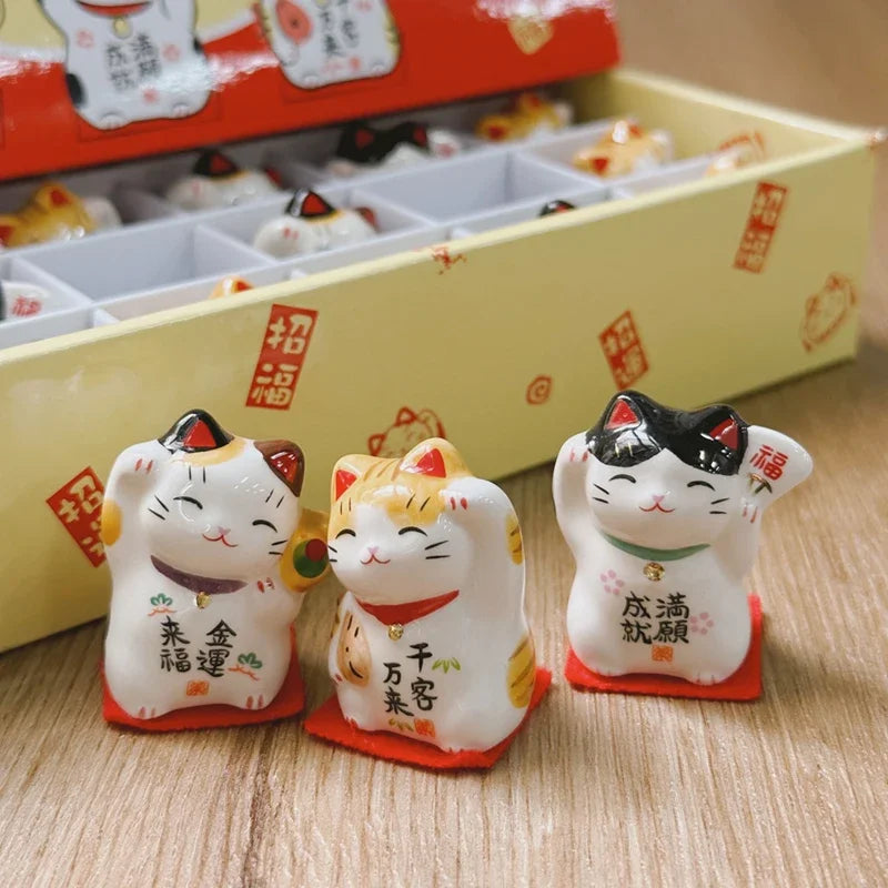 3pcs mini Japanese Maneki Neko lucky cat ceramic figurines set for home decor