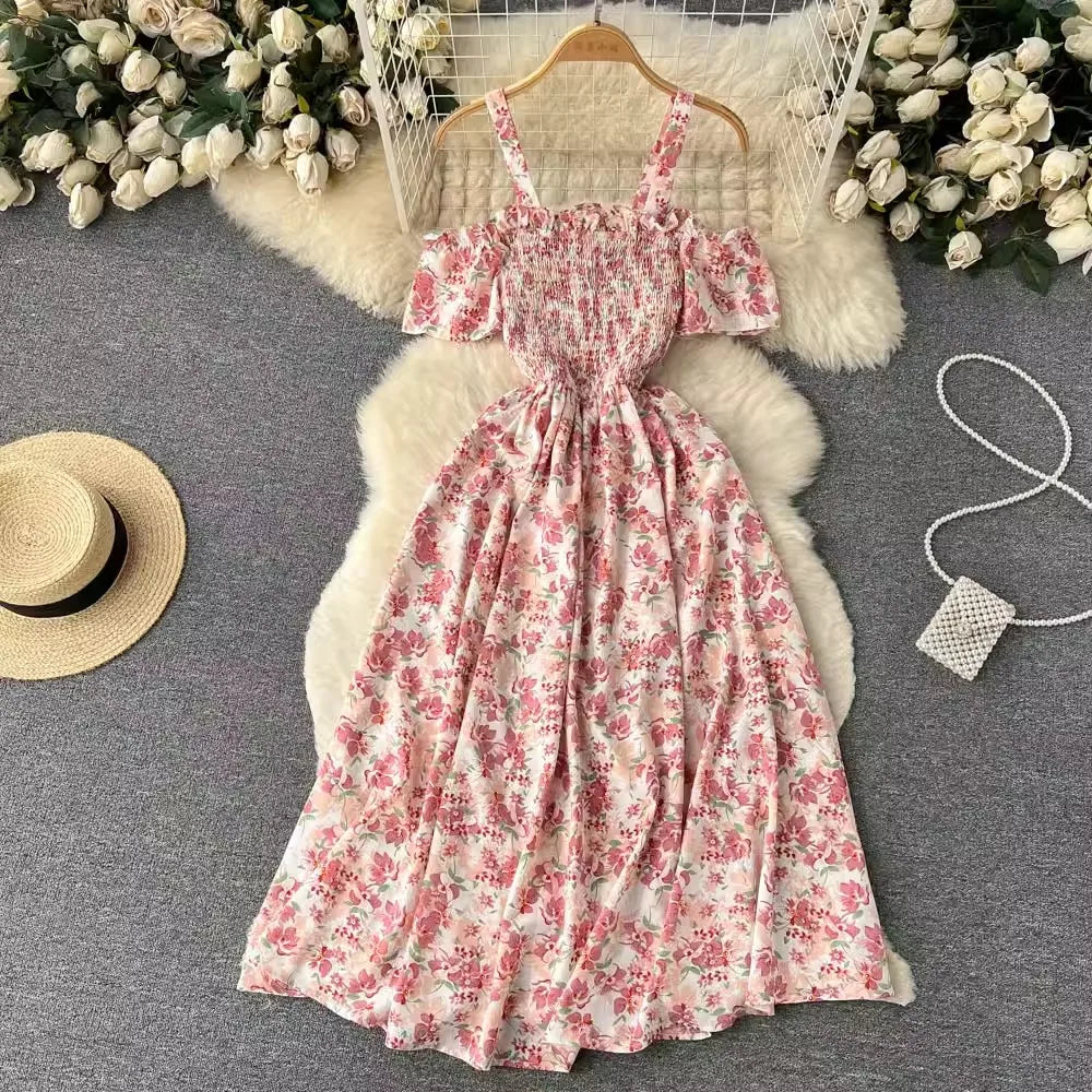 Floral Print Long Summer Dress for Women – Off-Shoulder Straps, Lightweight Maxi Dress, Beach, Garden Party, Summer Outfit