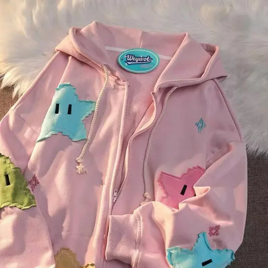 Kawaii Star Patch Oversized Zip-Up Hoodie – Pink Harajuku Y2K Streetwear