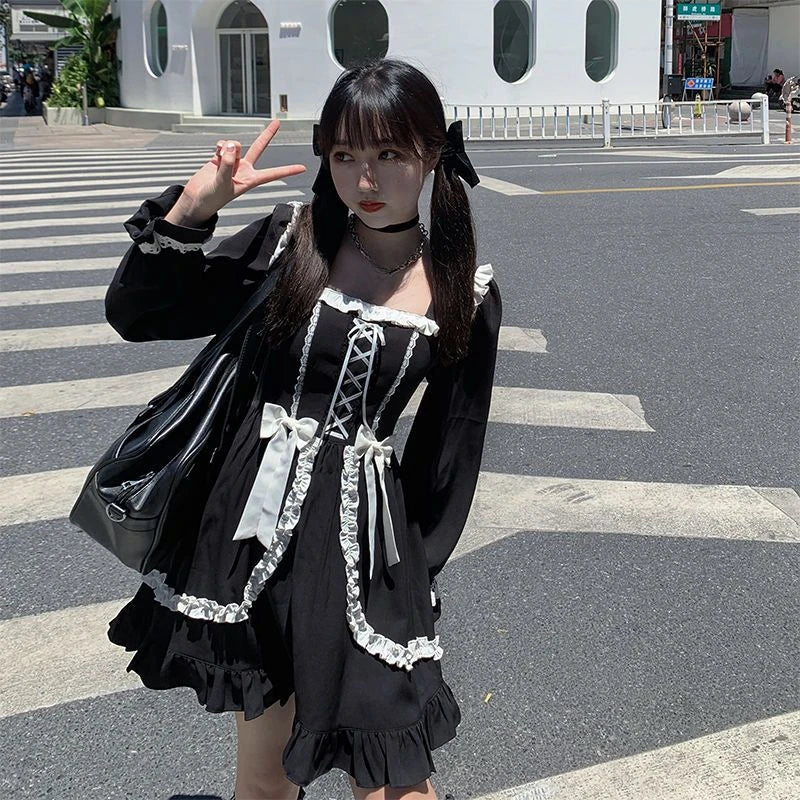 Black Plaid Sweet Bow Dress Kawaii Harajuku Style