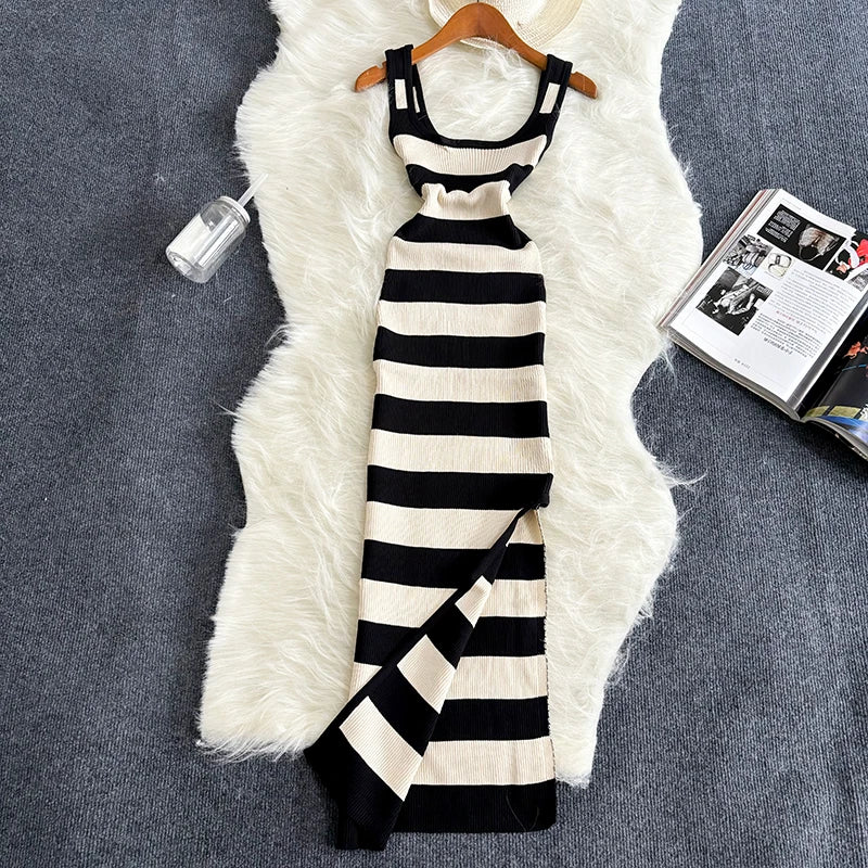 Stripe Summer Elastic Split Bodycon Dress – Sexy & Casual Beach Vacation Sundress for Women