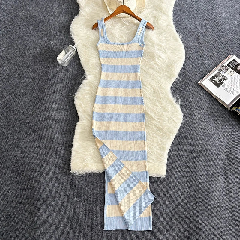 Stripe Summer Elastic Split Bodycon Dress – Sexy & Casual Beach Vacation Sundress for Women