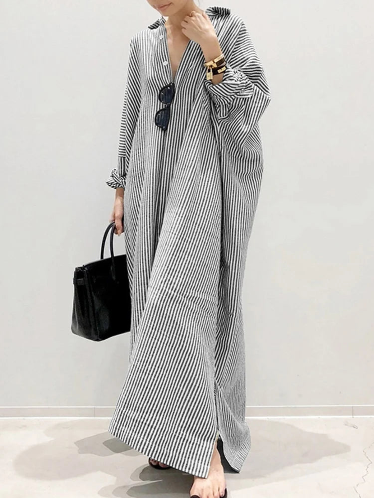 Boho Stripe Print Long Sleeve Sundress | Casual Loose Lapel Dress