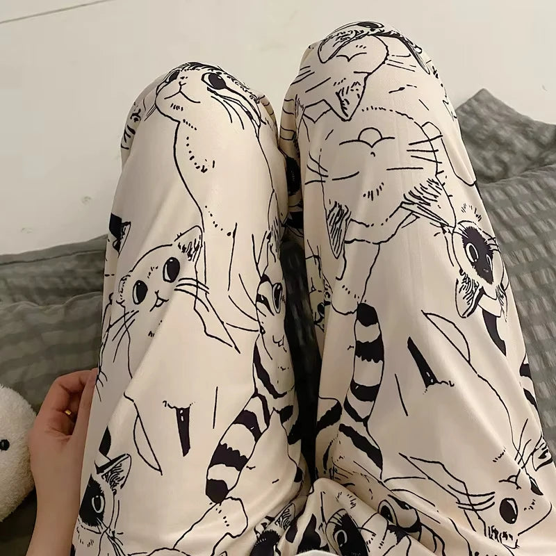 Close-up of Big Battle cat print detail on anime sleepwear pants