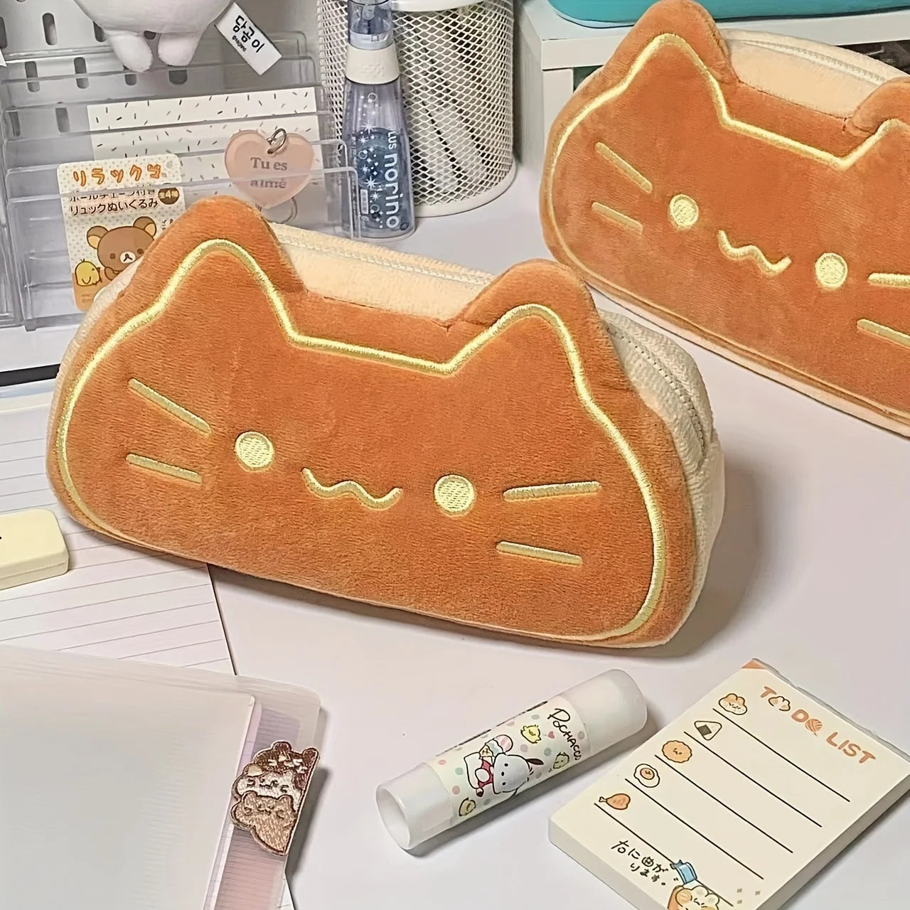 Caramel Cat Plush Pen Case – Large Capacity Pencil Pouch for Kids & Students