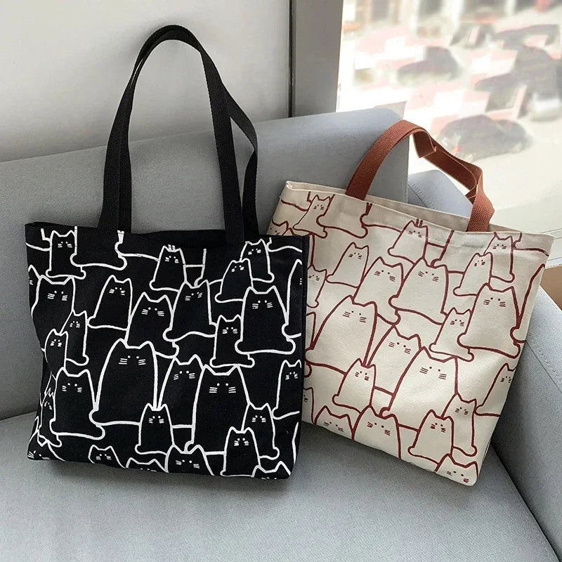 Cute canvas cat tote bag with Japanese cartoon design for women