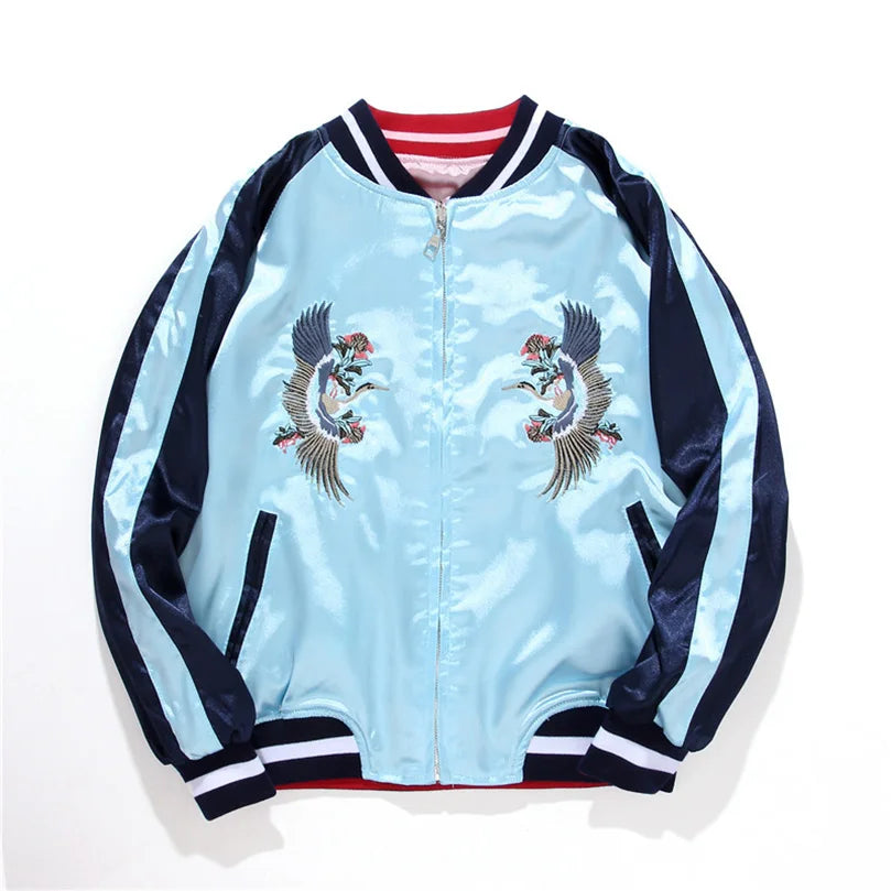 Double-Sided Satin Sukajan Bomber Jacket for Women – Pink & Light Blue Embroidered Baseball Coat