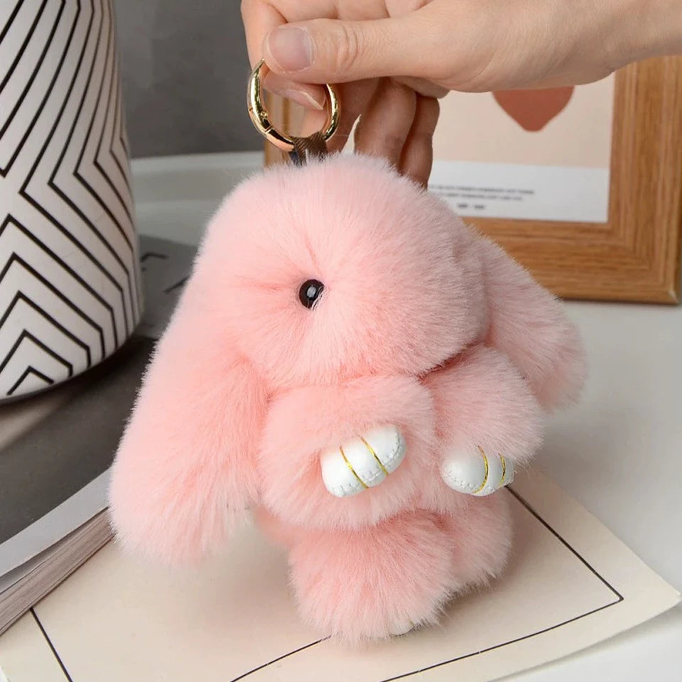Fluffy Rabbit Fur Pompon Bunny Keychain – Cute Faux Fur Ball Charm, Multiple Colors
