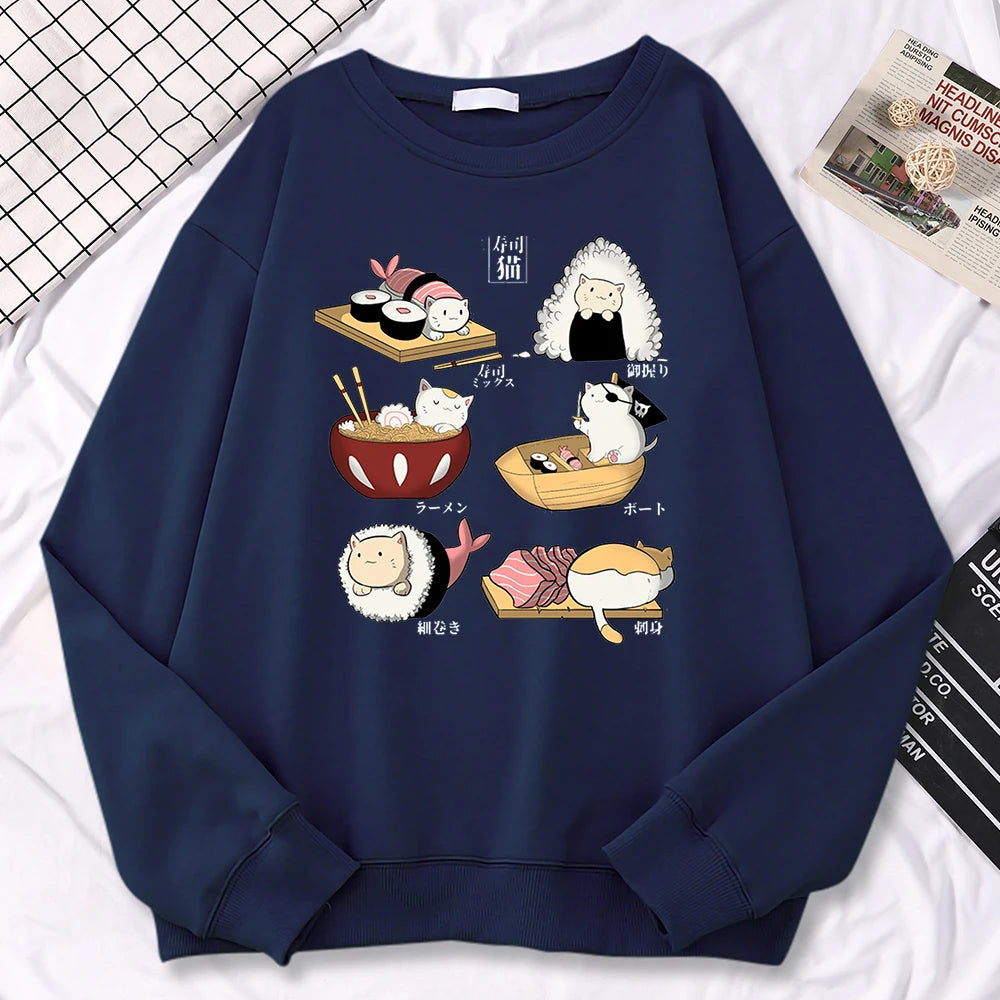 Kawaii Japanese food cat sweatshirt unisex ramen sushi onigiri print