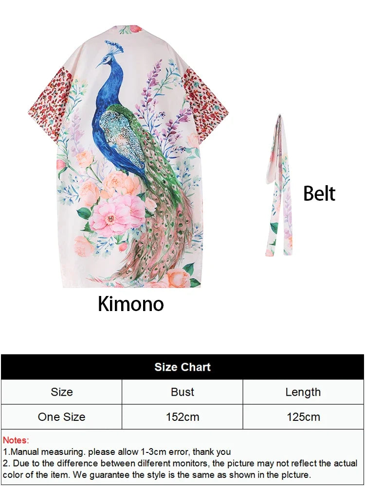 Peacock Print Kimono Cover-Up – Women’s Long Beach Cardigan for Swimsuits
