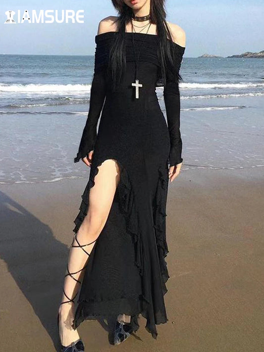 Midnight Siren Gothic Dress – Off-Shoulder Ruffle Slit Maxi
