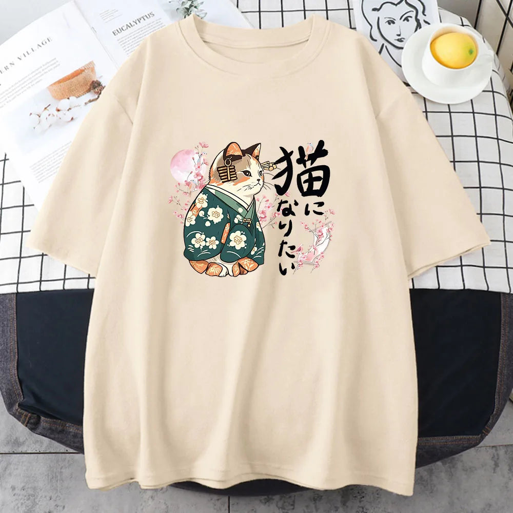 Ukiyo-e Kanji Cat T-Shirt – Sakura Pink | Japanese Style Cotton Tee for Girls (XS–XXL)