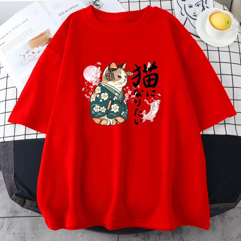 Ukiyo-e Kanji Cat T-Shirt – Sakura Pink | Japanese Style Cotton Tee for Girls (XS–XXL)