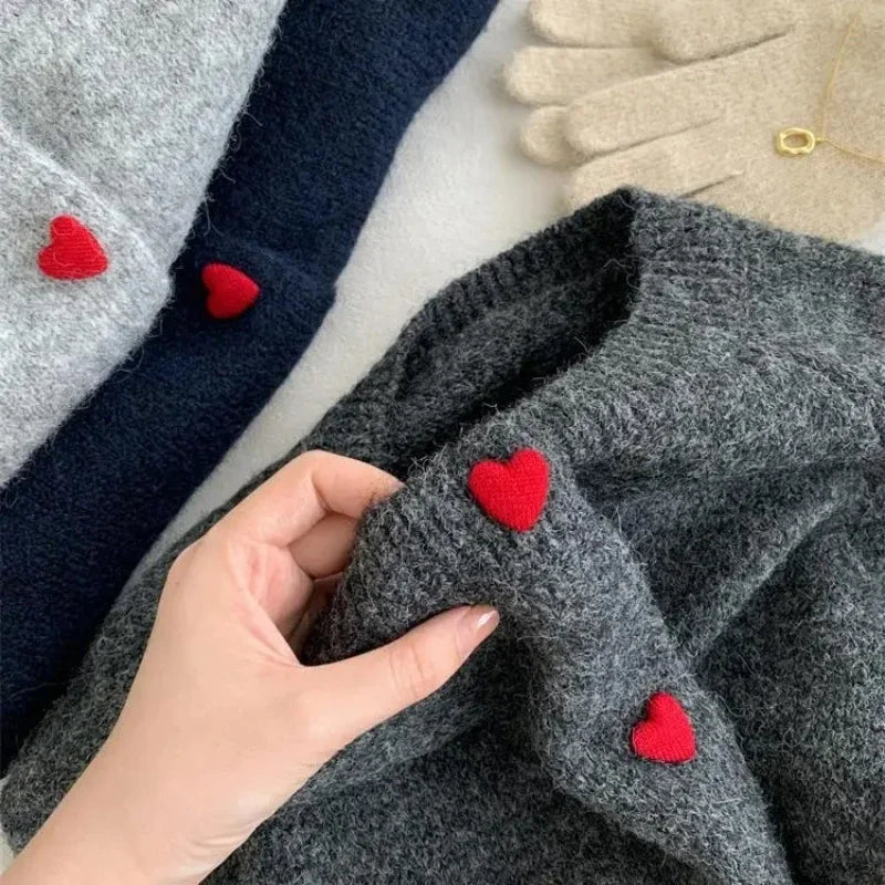 Kawaii Wool Knitted Heart Cardigan for Women – Soft Cozy Button-Up Sweater