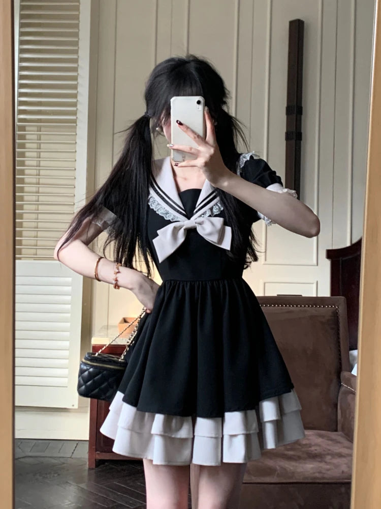 Harajuku Kawaii Black Plaid Dress for Women – Sweet Bow, Slim Fit, Long Sleeve Lolita Dress
