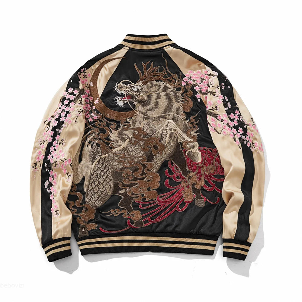 Japanese Dragon Embroidered Jacket | Unisex Streetwear Bomber | Retro Sukajan Style