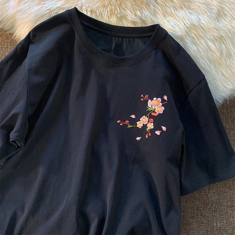 Aesthetic Japan Cherry Blossom Embroidery T-Shirt Women Girls | Sakura Cotton Loose Casual Summer Tee Top