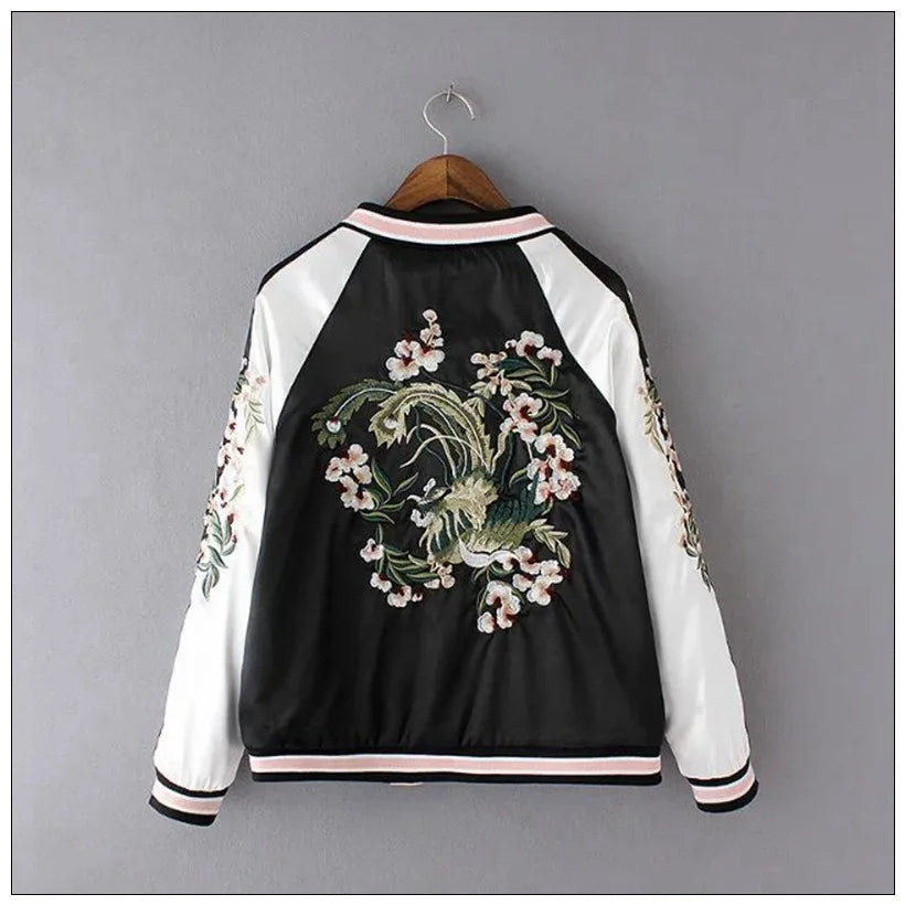 Women's Satin Sukajan Bomber Jacket – Double-Sided Embroidered Japanese Floral Harajuku Coat, Autumn Silk Baseball Jacket for Girls