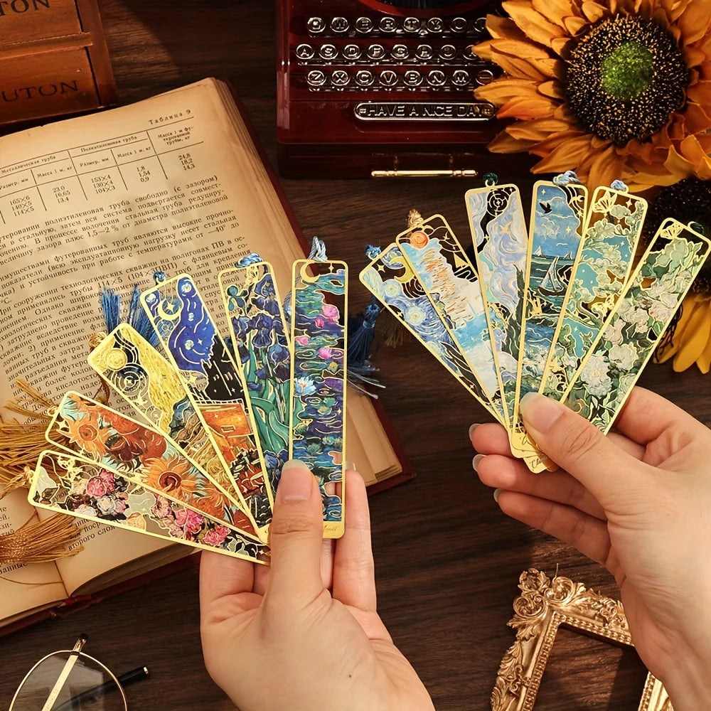 Vintage Oil Painting Metal Bookmarks with Hollow Design & Long Tassel – Perfect Stationery Gift for Book Lovers & Book Clubs