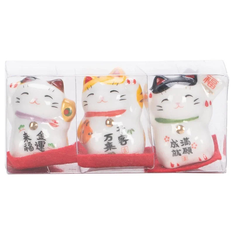 3pcs Mini Japanese Maneki Neko Lucky Cat Set – Ceramic Fortune Cat Figurines for Desk, Car & Home Decor