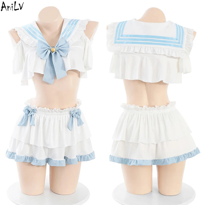 Sailor Dream Ruffle Set – White & Baby Blue (Japan-Inspired Loungewear)