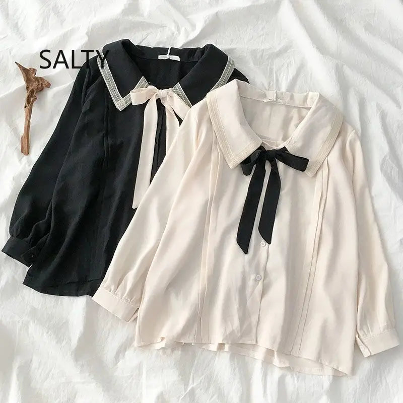 Collared bow blouse for women with ribbon tie center neck