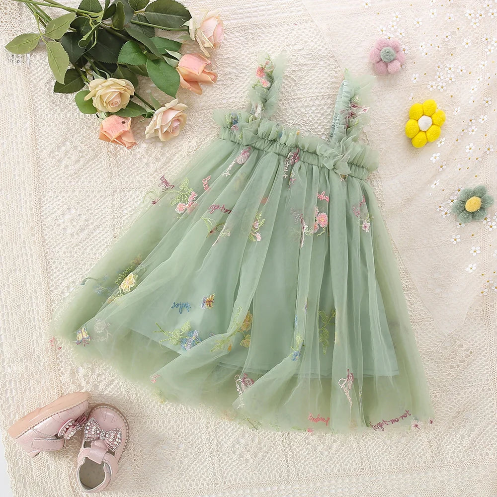 Fairy princess toddler girls tutu dress with mesh bow, fuffy tulle skirt, and embroidered flowers, summer party dress for baby girls