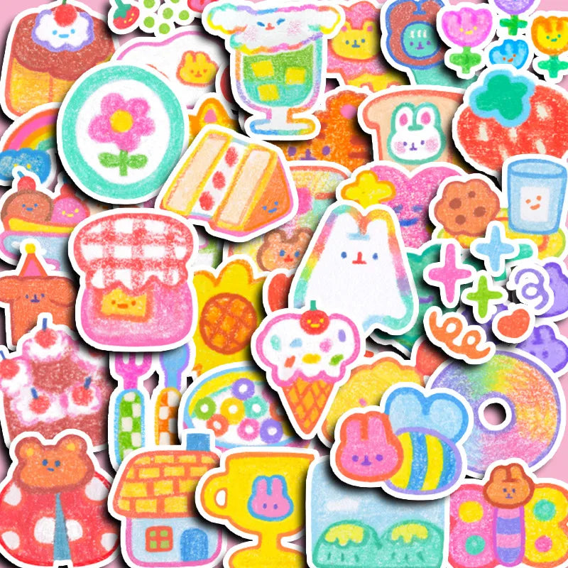 Kawaii crayon style food and animal sticker pack