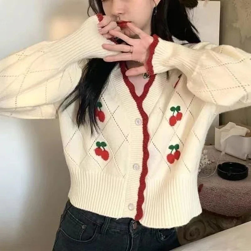 Women's cherry knit cardigan front view